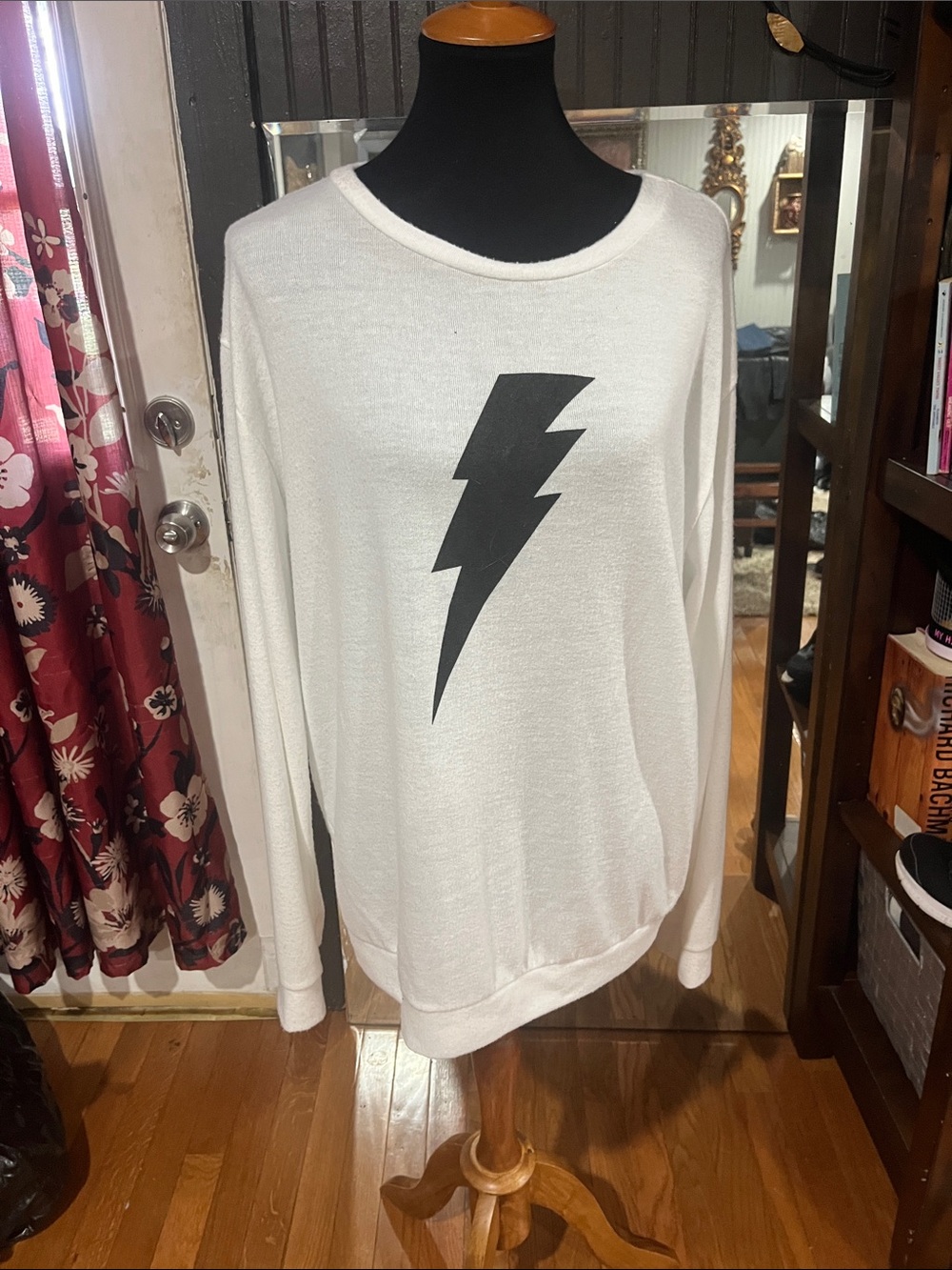 Fantastic Fawn White Crewneck Sweater with Black Lightning Bolt